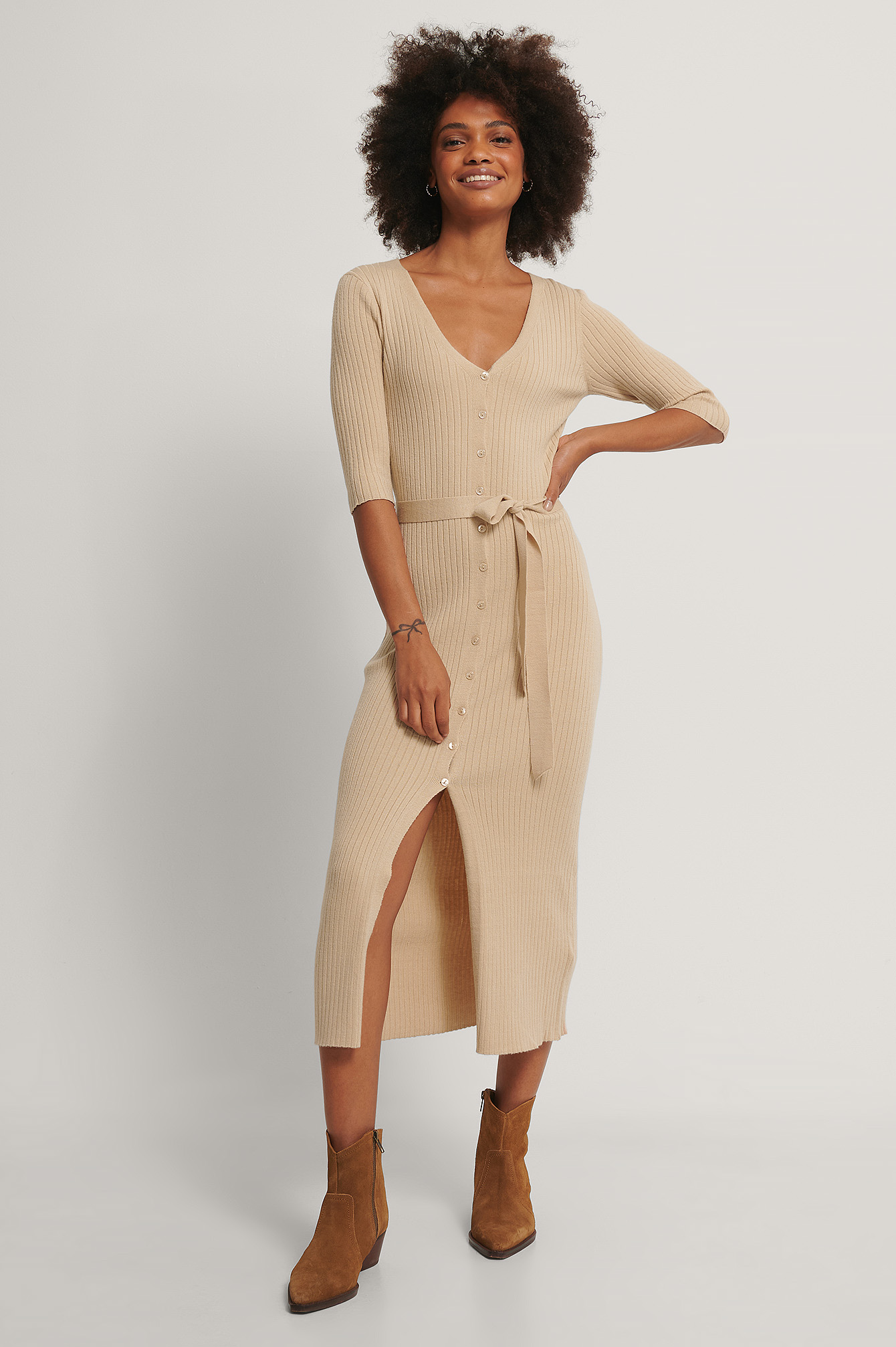 Belted Ribbed Knitted Midi Dress Beige ...